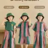 纯棉短袖衬衫套装夏轻薄防蚊裤儿童条纹衬衣短裤两件套