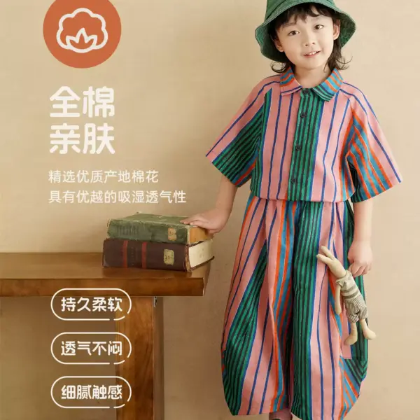 纯棉短袖衬衫套装夏轻薄防蚊裤儿童条纹衬衣短裤两件套